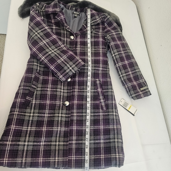 Kenneth Cole Reaction Plaid Coat with Faux Fur Collar Purple Gray Winter Warm - Picture 13 of 15